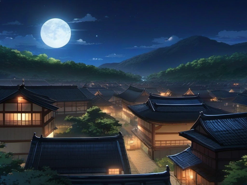 Moonlit village rooftop view. anime, wallpaper, background, anime key visual, japanese manga