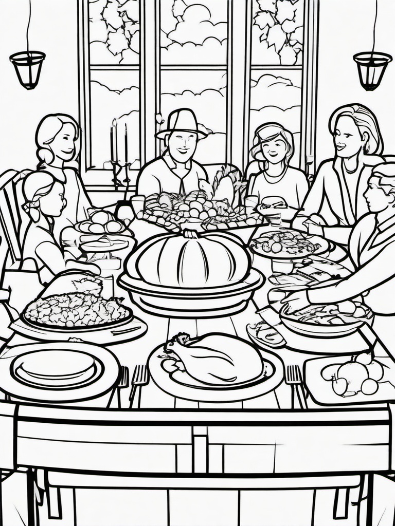 Thanksgiving Feast Coloring Pages - Celebrating with Family and Delicious Food  minimal black outline printable sheet, coloring page