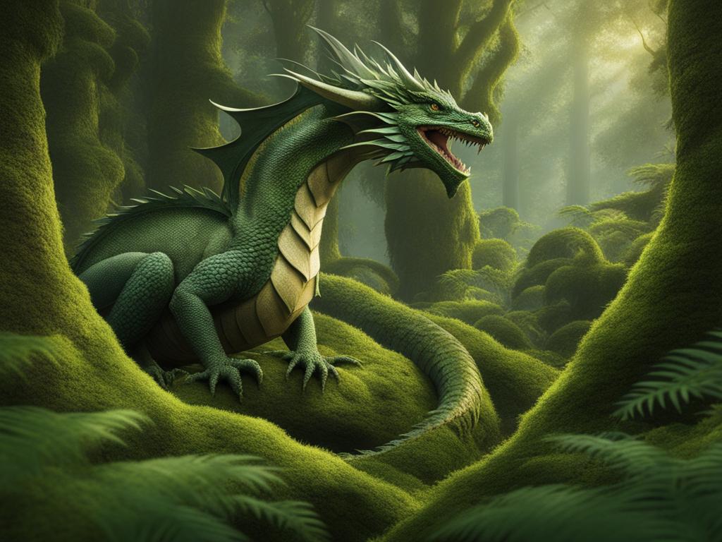 earth dragon emerging from the heart of a lush, ancient forest, its moss-covered scales camouflaging it among the trees. 