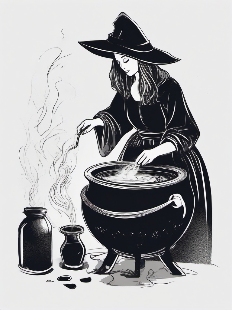 drawing of a witch brewing a potion in a cauldron  minimal rough sketch scribbles,doodles,black and white