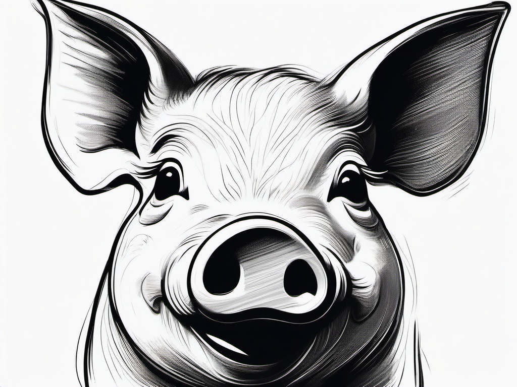 drawing of a pig with a happy smile  minimal rough sketch scribbles,doodles,black and white