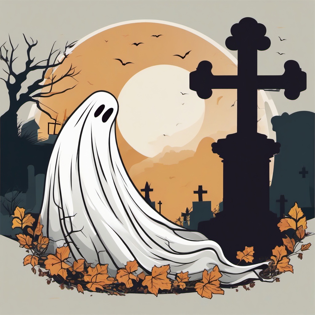 October clipart - ghost floating above a graveyard  color,minimalist,vector clipart