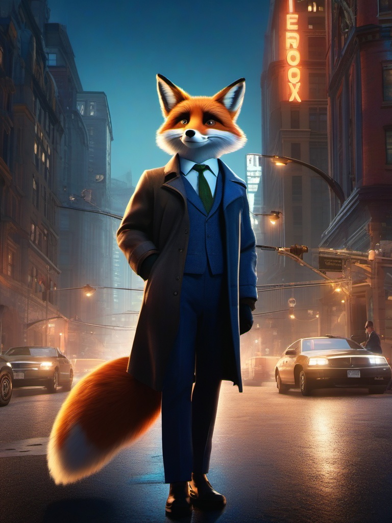 In a world of anthropomorphic animals, detective fox unravels a web of mysteries in a bustling city.  8k, hyper realistic, cinematic