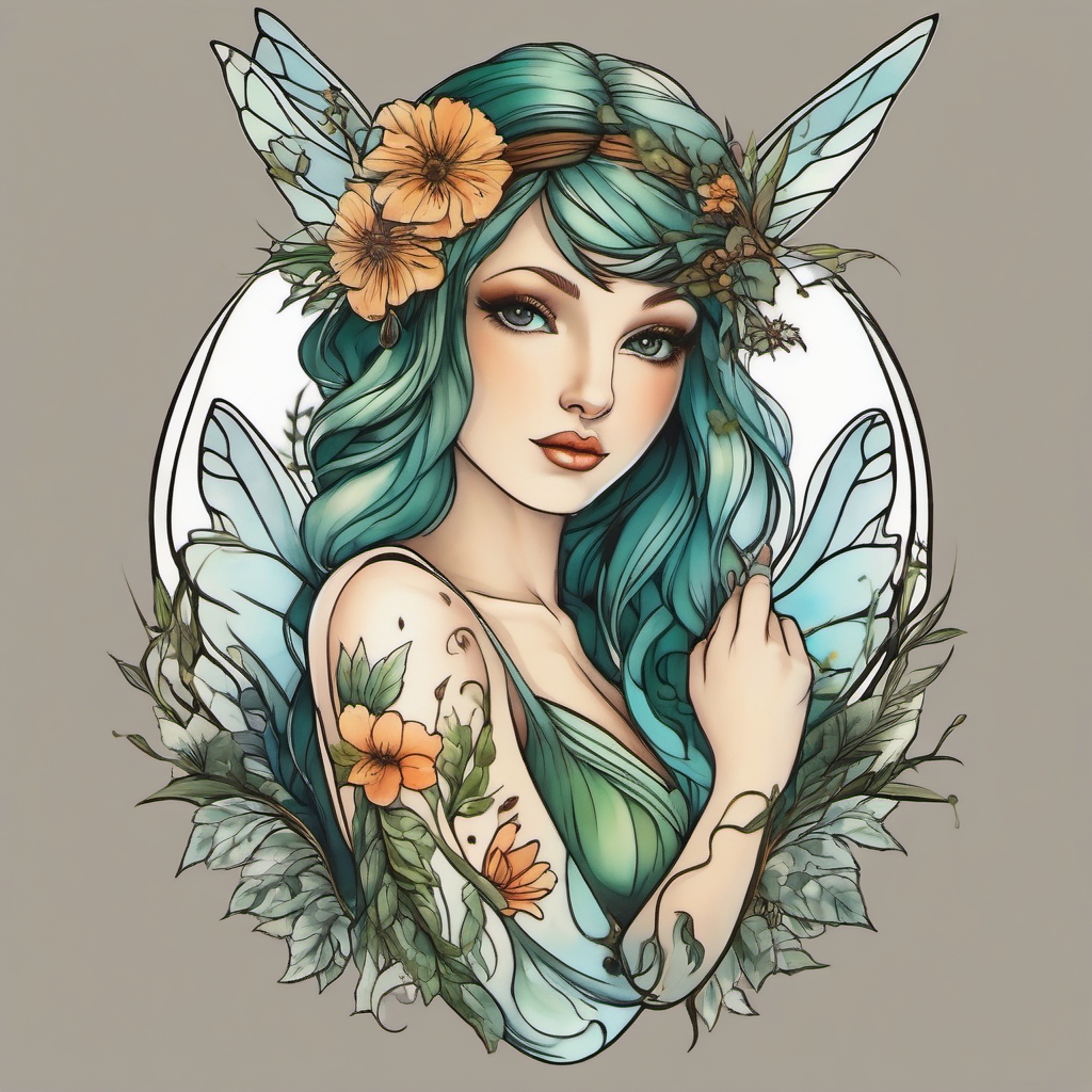 earth fairy tattoo  simple color tattoo style,white background