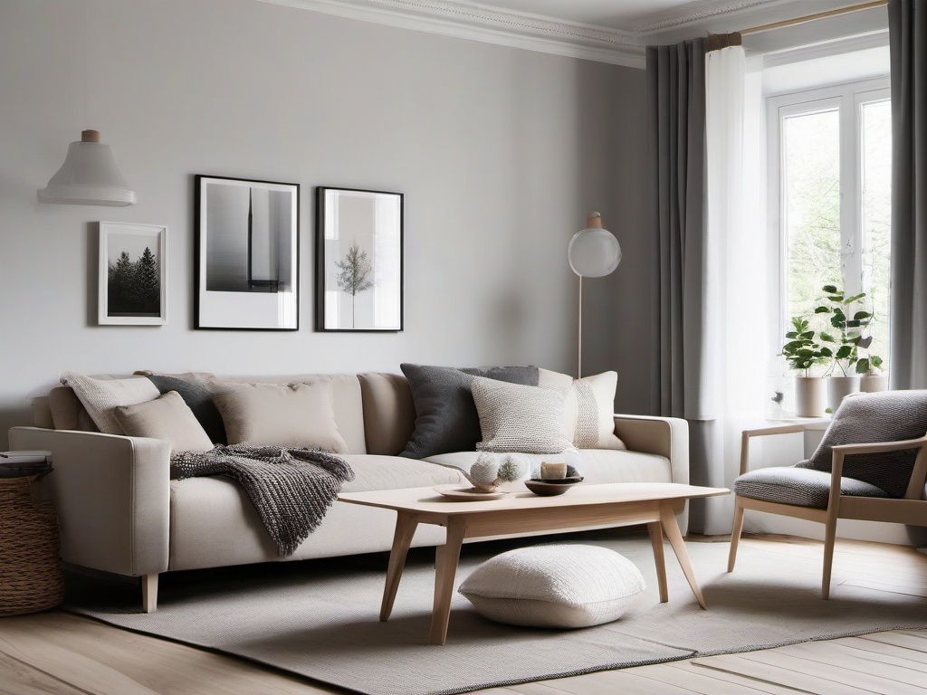 Scandinavian living room combines light wood floors, neutral-toned furniture, and soft textiles to create a cozy, inviting atmosphere.  