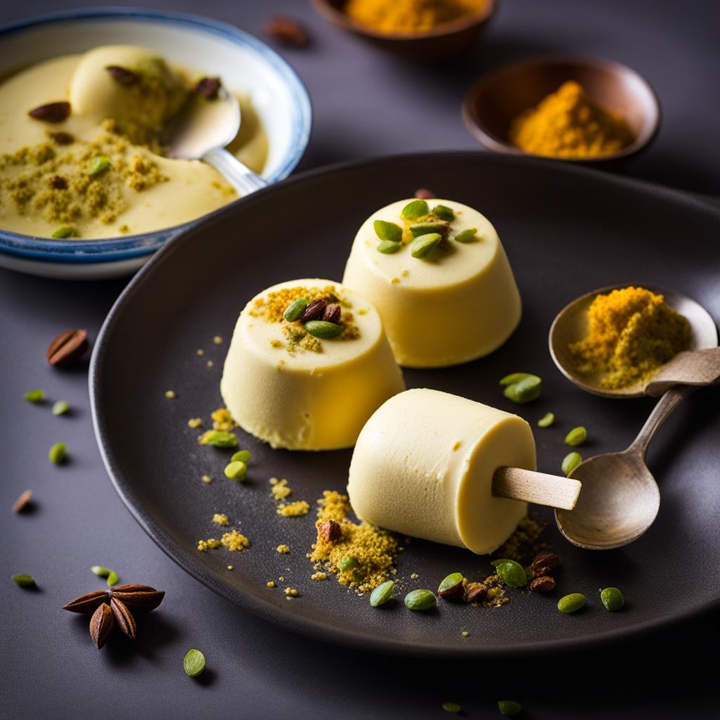 kulfi, a dense and creamy indian ice cream often flavored with cardamom and pistachio. 