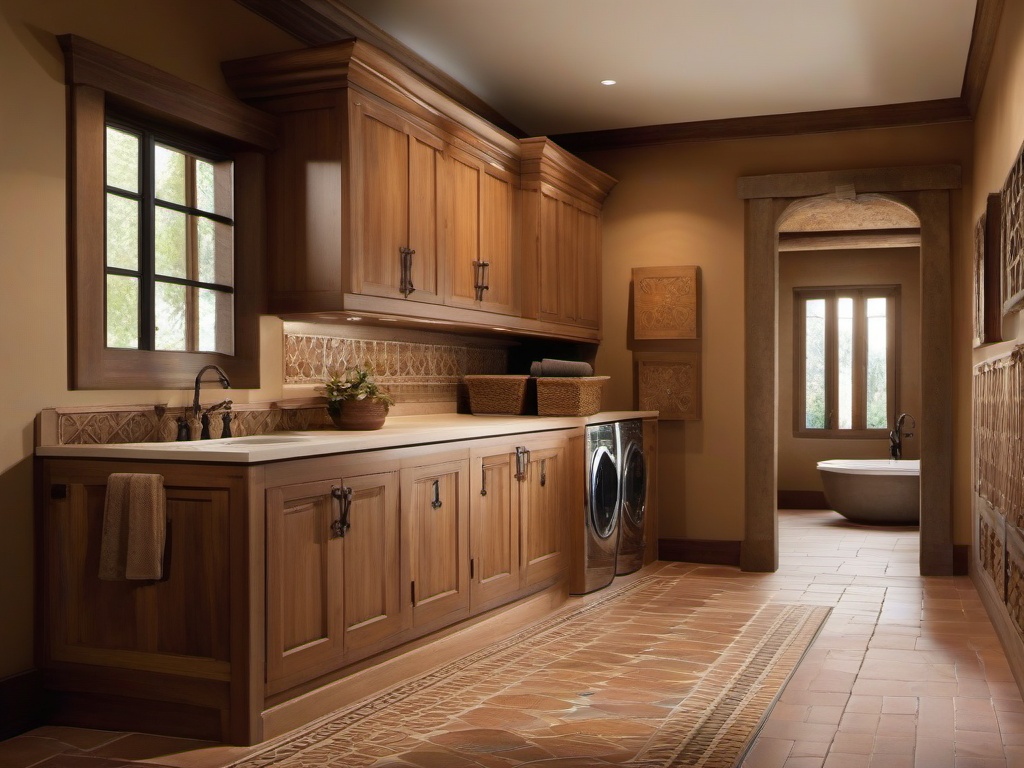 Tuscan laundry room showcases warm earth tones, rustic wooden accents, and decorative tiles that evoke the charm of an Italian villa.  