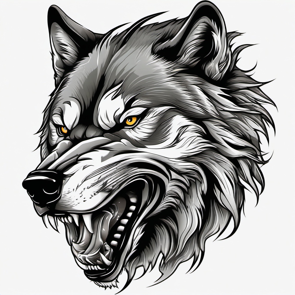 Snarling Wolf Tattoo,fierce wolf caught in the act of snarling, emblem of raw, untamed power. , color tattoo design, white clean background