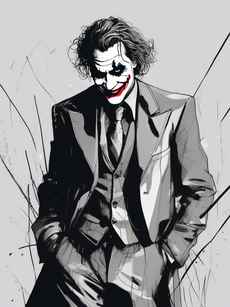 drawing of the Joker in a party scene  minimal rough sketch scribbles,doodles,black and white