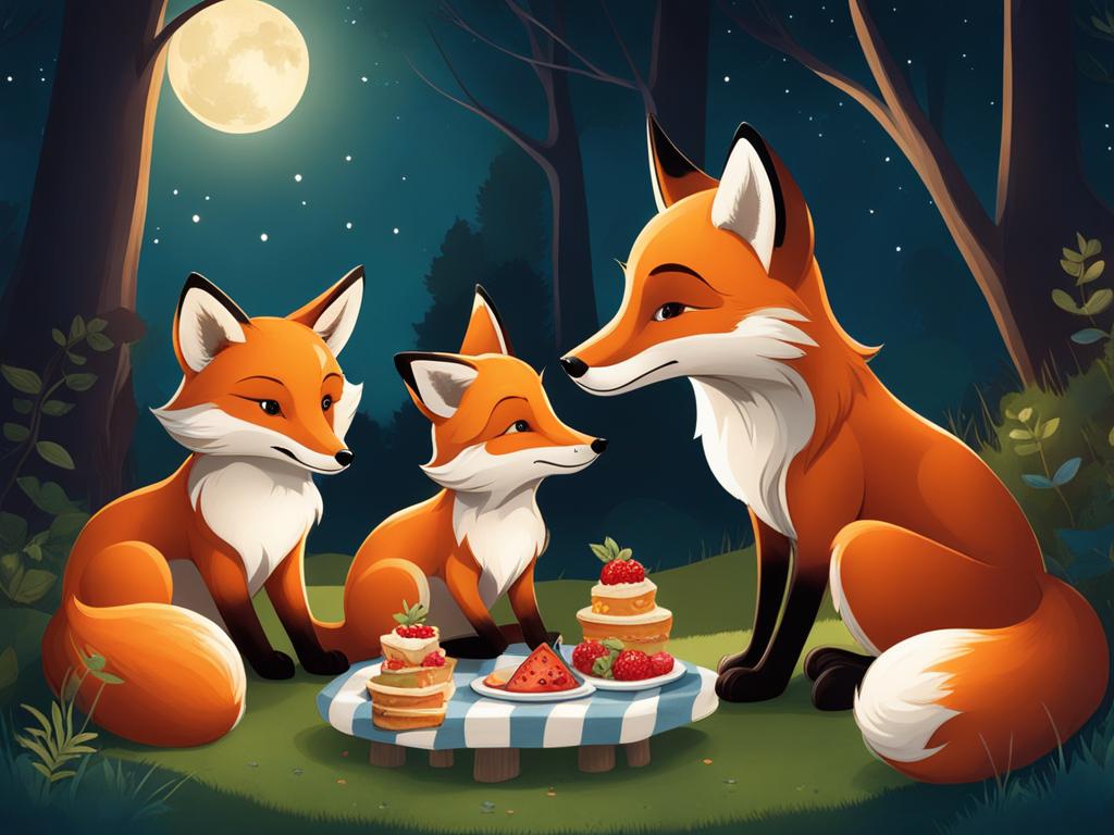 imagine a tranquil forest glade with a family of foxes enjoying a moonlit picnic. 