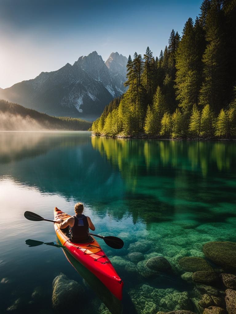 scenic eibsee kayaking - paint a serene scene of kayaking on the crystal-clear waters of eibsee, with the zugspitze in the background. 