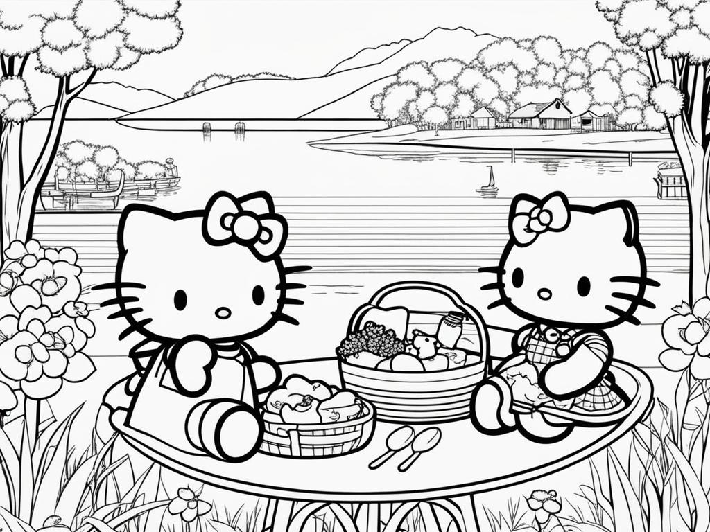 hello kitty coloring pages - hello kitty and friends enjoy a picnic by the lake. 