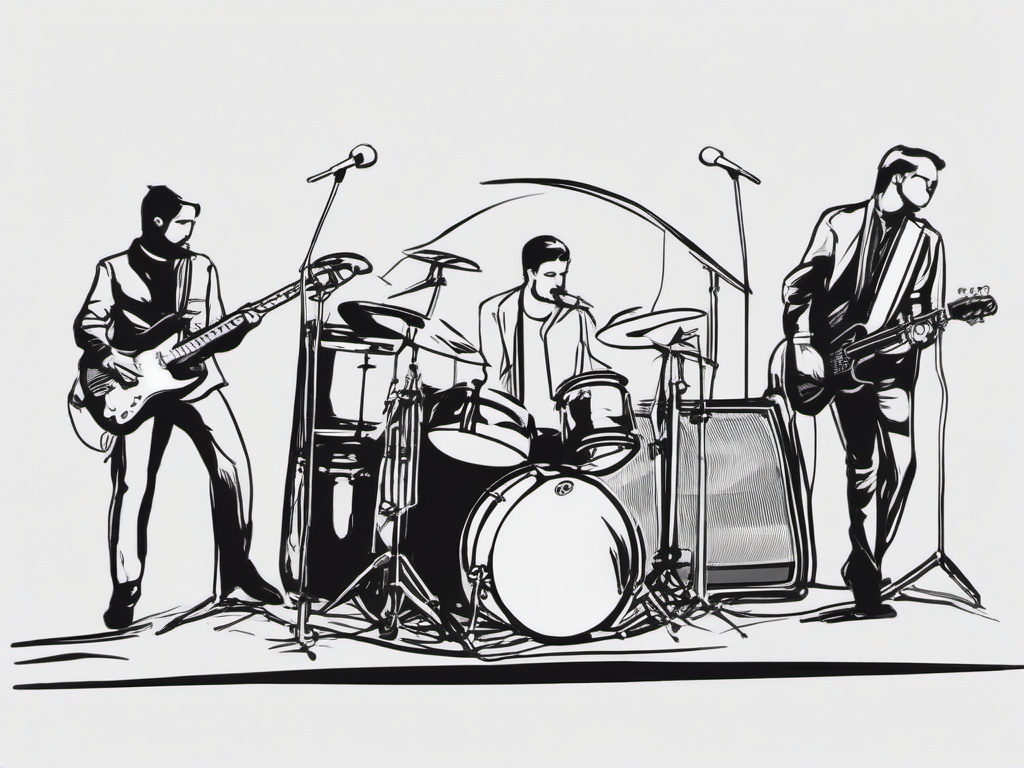 drawing of a band playing music on stage  minimal rough sketch scribbles,doodles,black and white