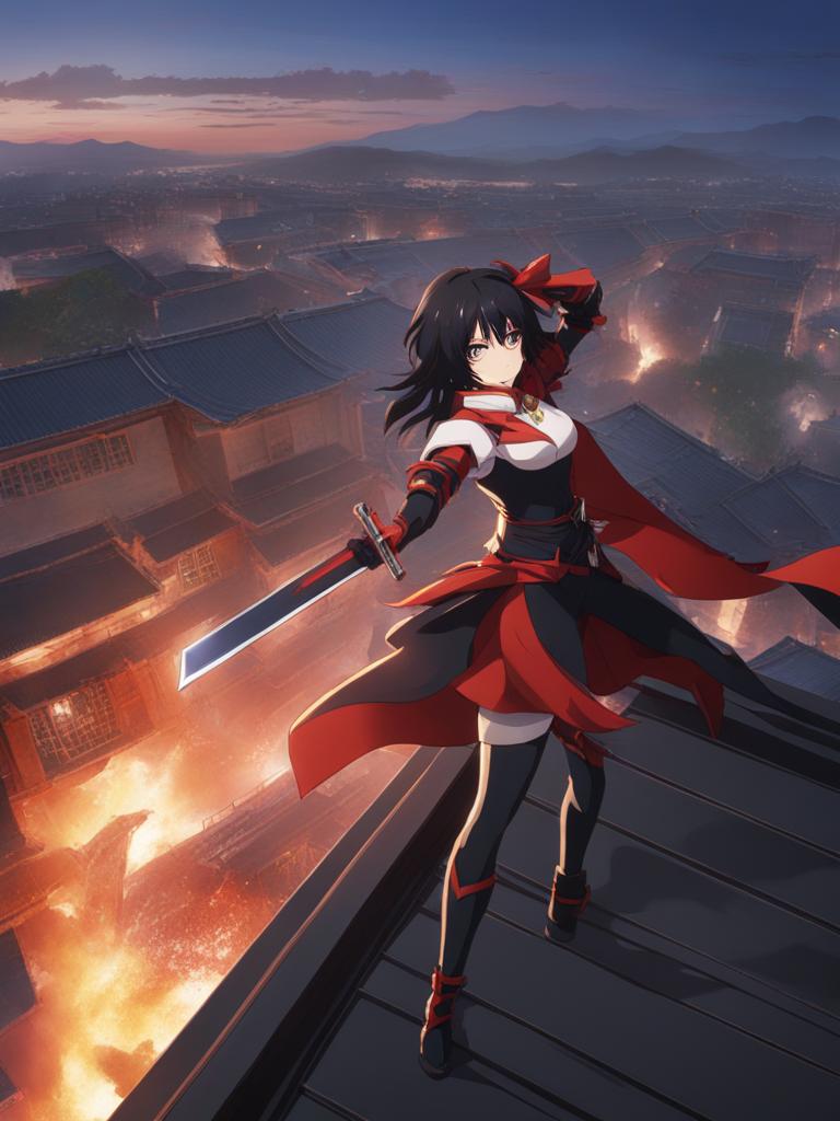 ryuko matoi dons her kamui senketsu for a dramatic battle on a rooftop against a foe. 