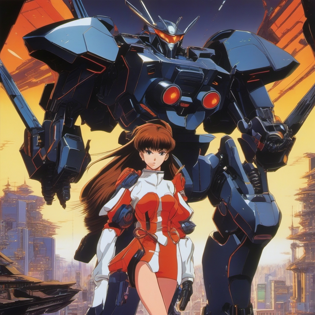 An anime girl, dressed in retro-futuristic fashion, grapples with a split personality that emerges during intense mecha battles.  1990s anime style