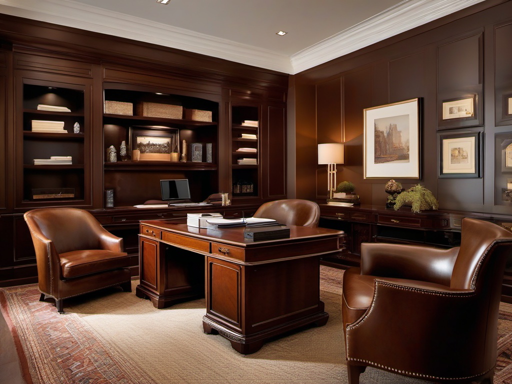 The home office exemplifies traditional interior design, featuring a mahogany desk, leather chairs, and warm tones that create a refined and productive workspace.  