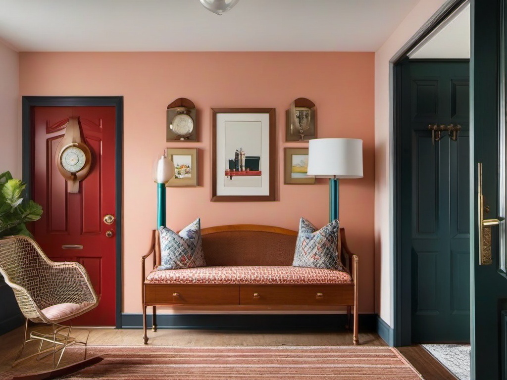 Vintage entryway incorporates retro furniture, nostalgic decor, and playful accents that create a warm and inviting space for welcoming visitors.  