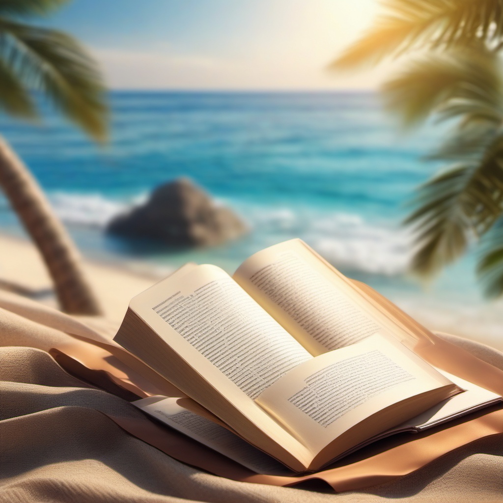 Beachside book reading and relaxation close shot perspective view, photo realistic background, hyper detail, high resolution