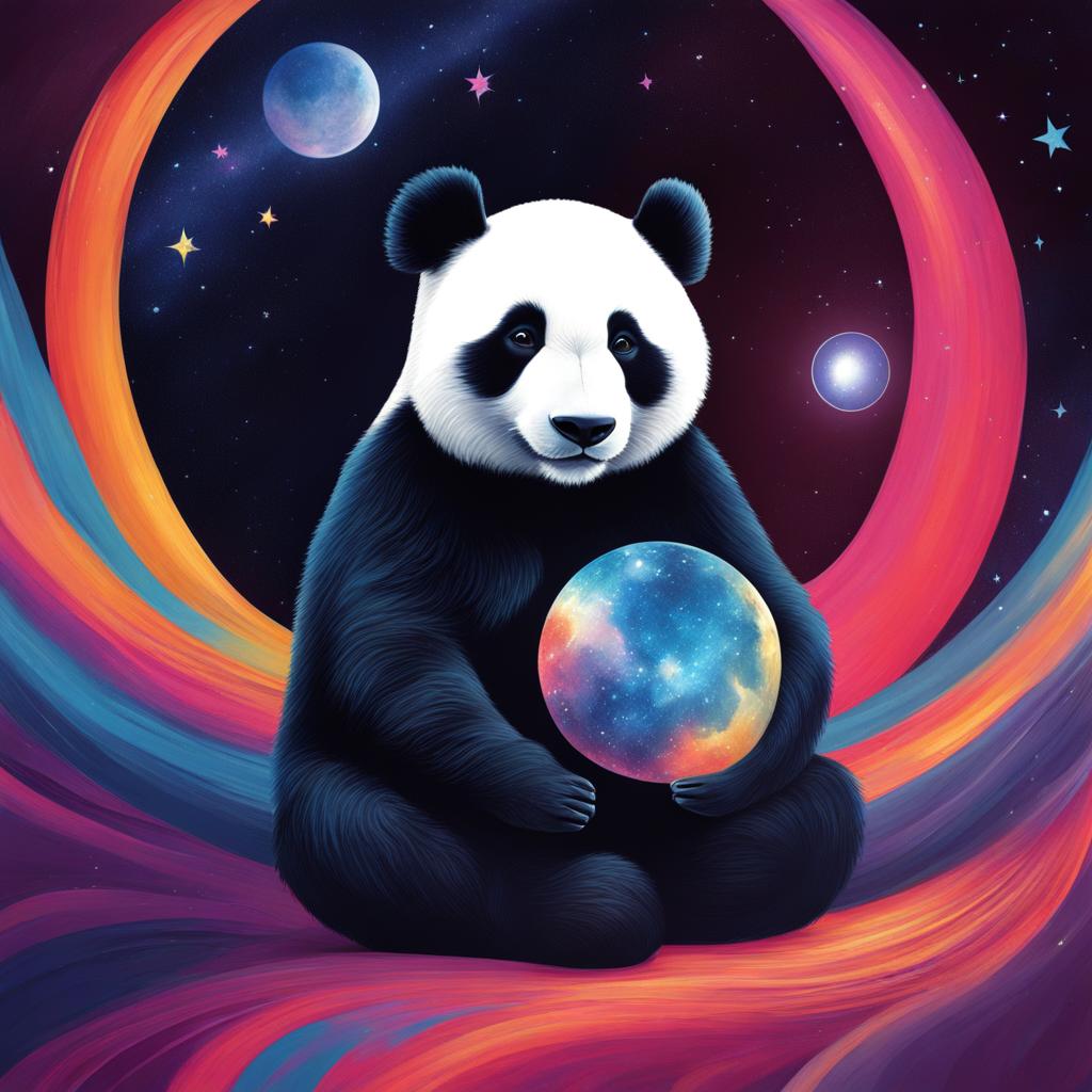 paint a cosmic dreamscape with a cosmic panda contemplating the universe. 