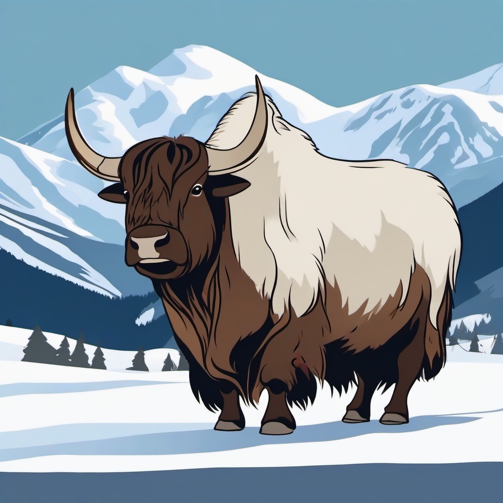 Yak cartoon - Yak trudging through snowy mountains  