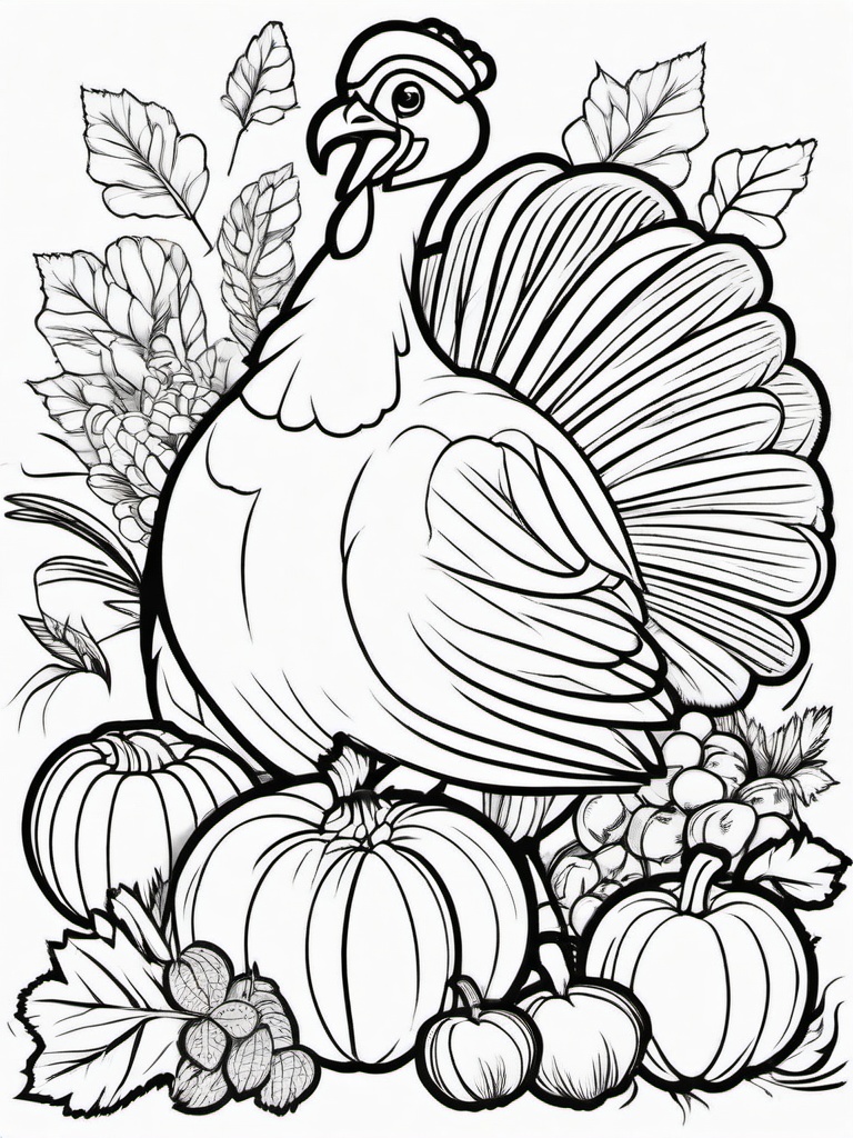 Turkey with Fall Vegetables Coloring Pages - Thanksgiving Turkey with a Bountiful Harvest  minimal black outline printable sheet, coloring page