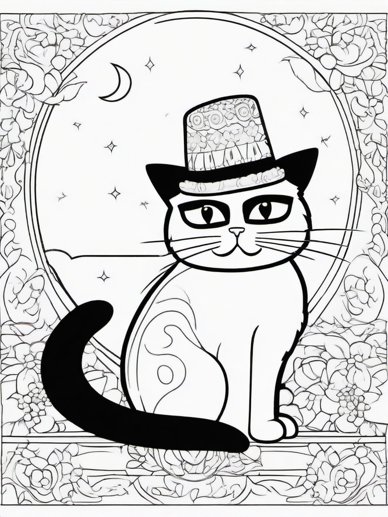 Cat in a Hat Coloring Pages - Whimsical Feline Wearing a Silly Hat  minimal black outline printable sheet, coloring page