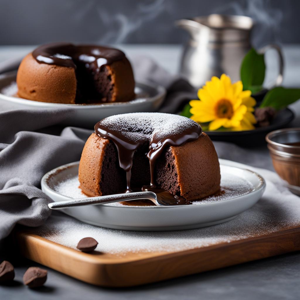 a decadent molten lava cake, oozing with a gooey, molten chocolate center. 