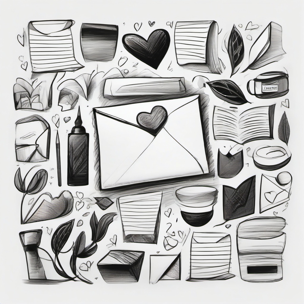 drawing of love letters  minimal rough sketch scribbles,doodles,black and white