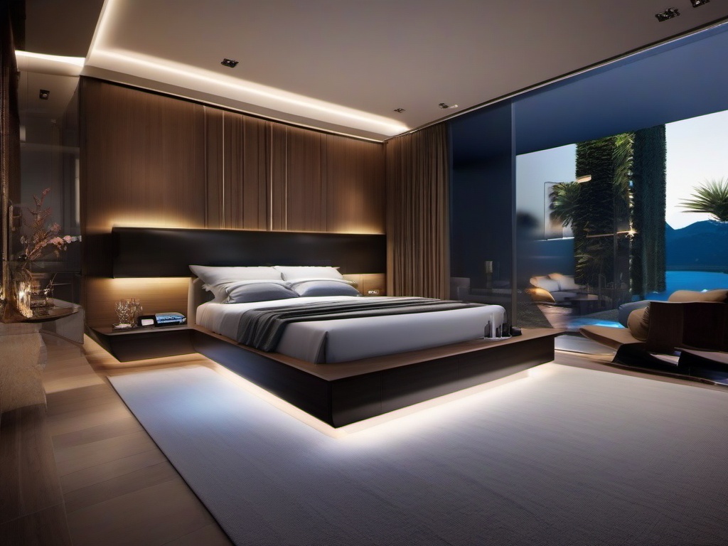 The master bedroom embraces High Tech interior design with a sleek platform bed, automated features, and integrated sound systems that create a serene and futuristic retreat for restful sleep.  