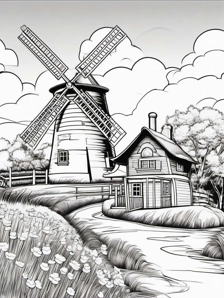 House Coloring Pages - Windmill house set in a picturesque countryside  simple coloring pages