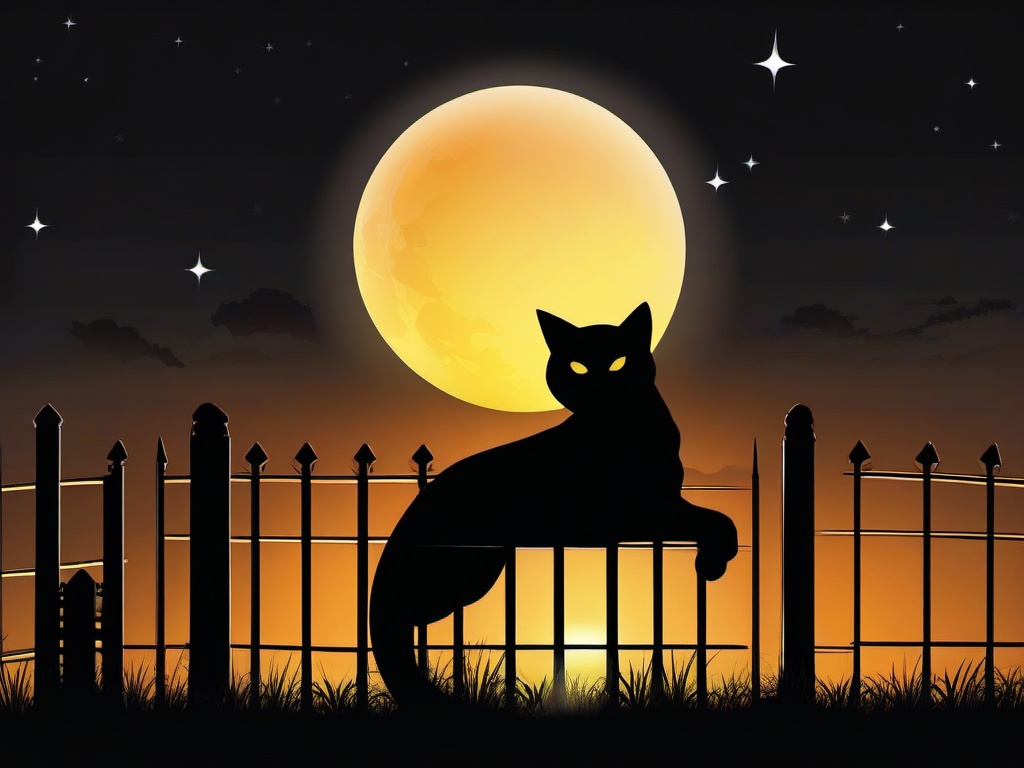 October clipart - black cat with glowing eyes sitting on a fence  color,minimalist,vector clipart