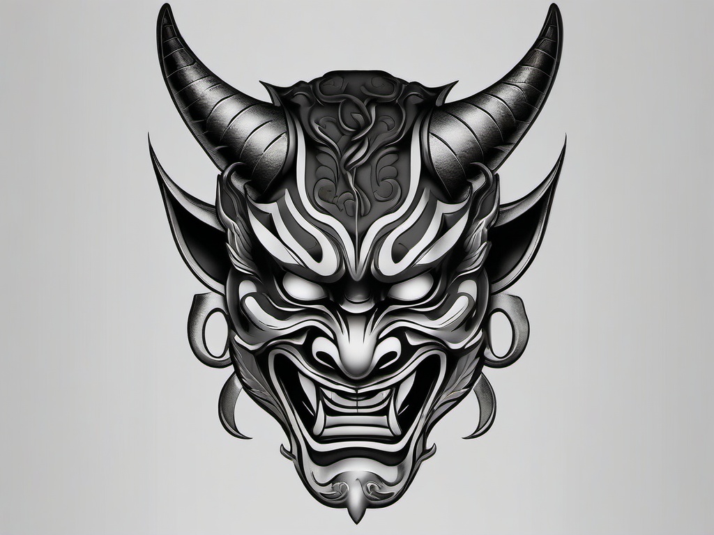 Hannya Black and Grey Tattoo - A Hannya mask tattoo rendered in black and grey, emphasizing detailed shading and nuance.  simple color tattoo,white background,minimal