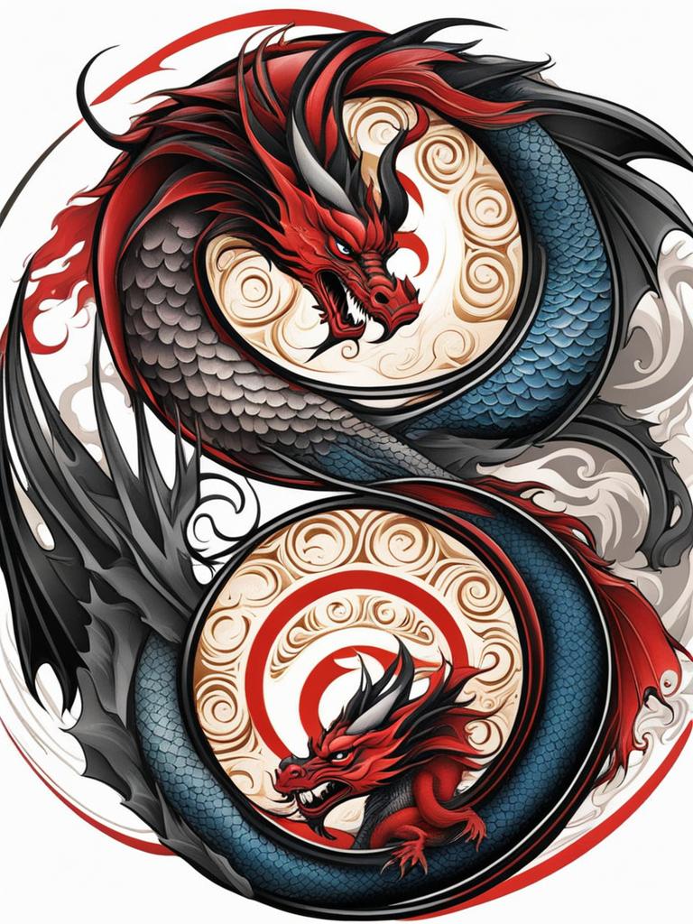 Yin and yang dragon tattoo, Tattoos that blend the symbolism of yin and yang with dragon imagery.  color, tattoo style pattern, clean white background