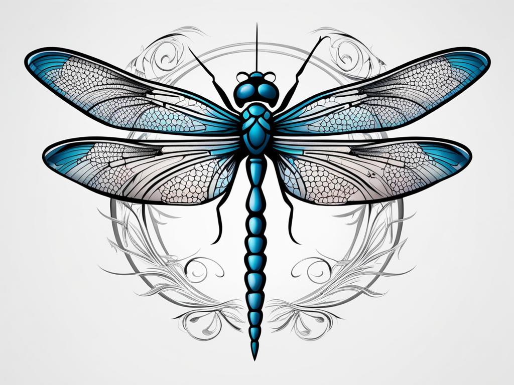 Dragon fly tattoo design, Creative tattoo designs featuring dragonflies, known for their delicate beauty.  color, tattoo style pattern, clean white background