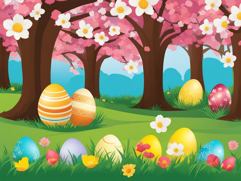 easter clip art: hiding colorful eggs in a blooming garden. 