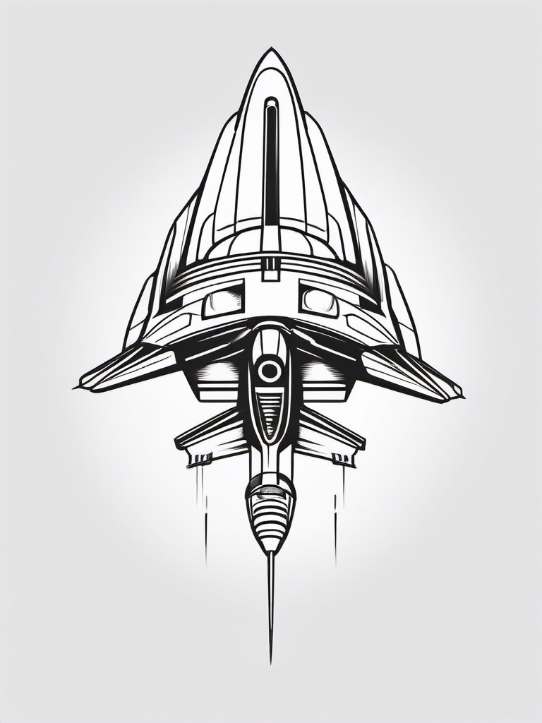 Spaceship Tattoo - A sleek spaceship tattoo embarking on a journey  few color tattoo design, simple line art, design clean white background