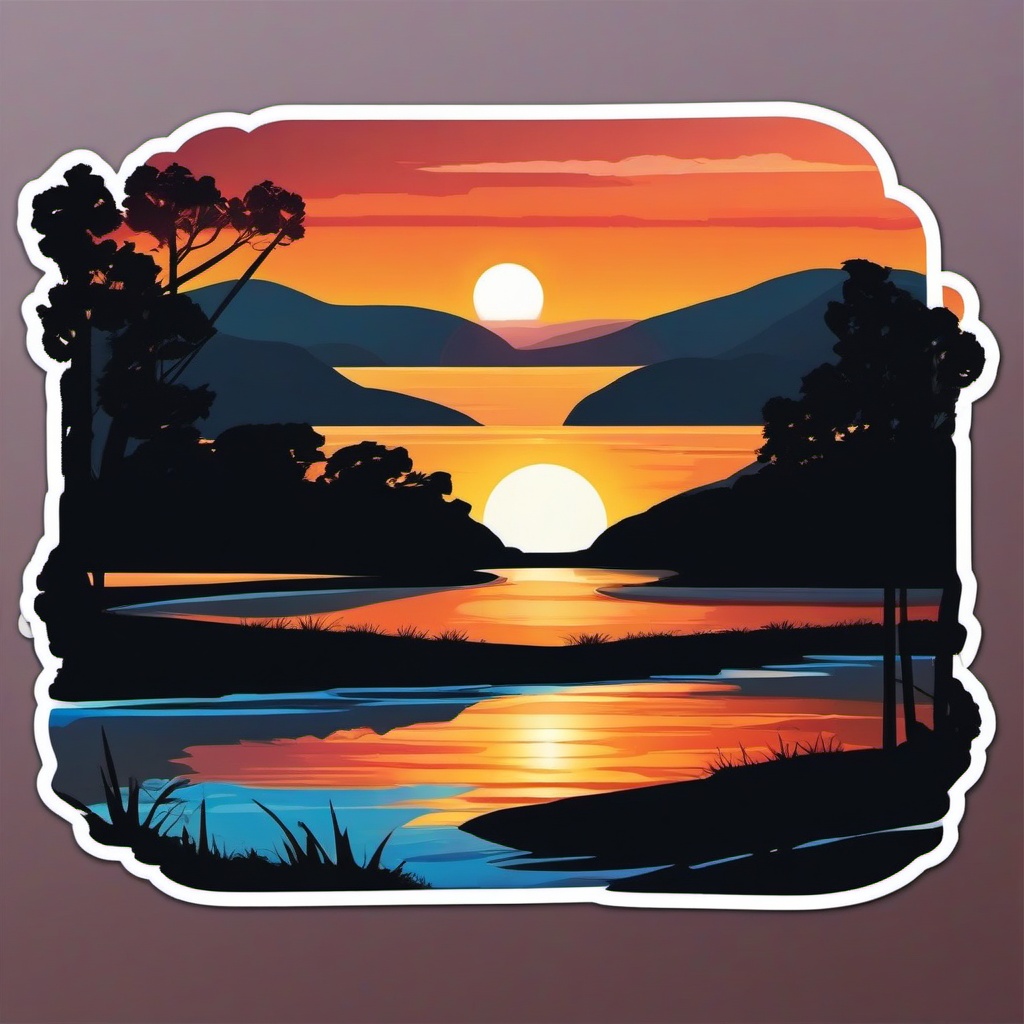 Sunset over river sticker- Serene and reflective, , sticker vector art, minimalist design