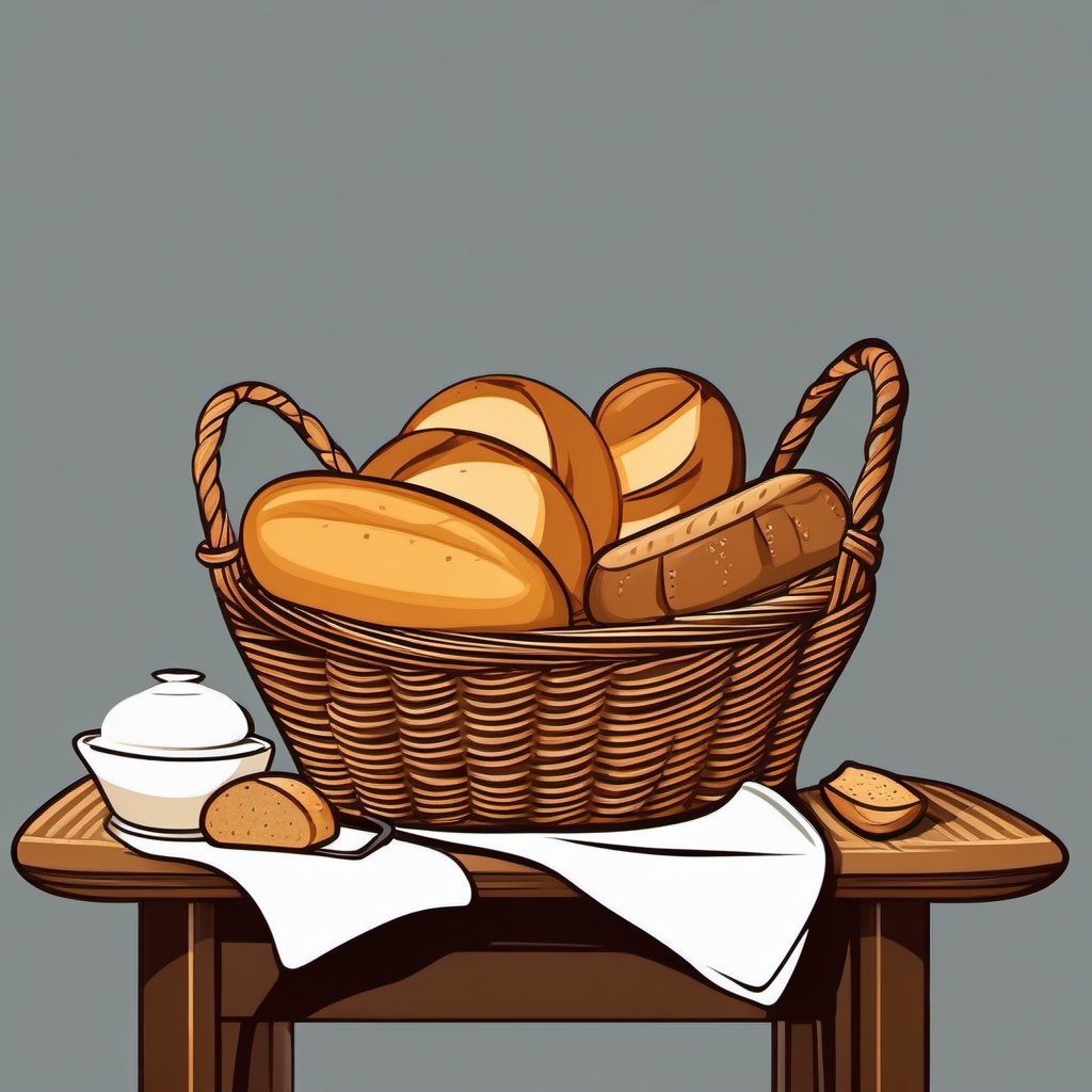 Bread clipart - Bread basket on a table.  vector style illustration, white background