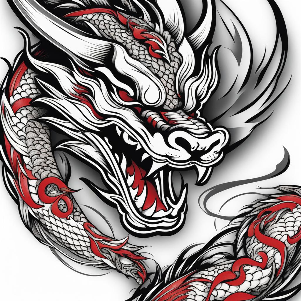 Yakuza dragon tattoo, Tattoos inspired by the dragon imagery often seen in Yakuza culture.  color, tattoo style pattern, clean white background