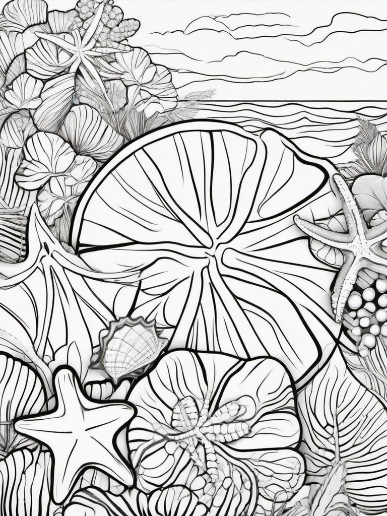 Shells, starfish, and sand dollars on the shore  simple coloring pages