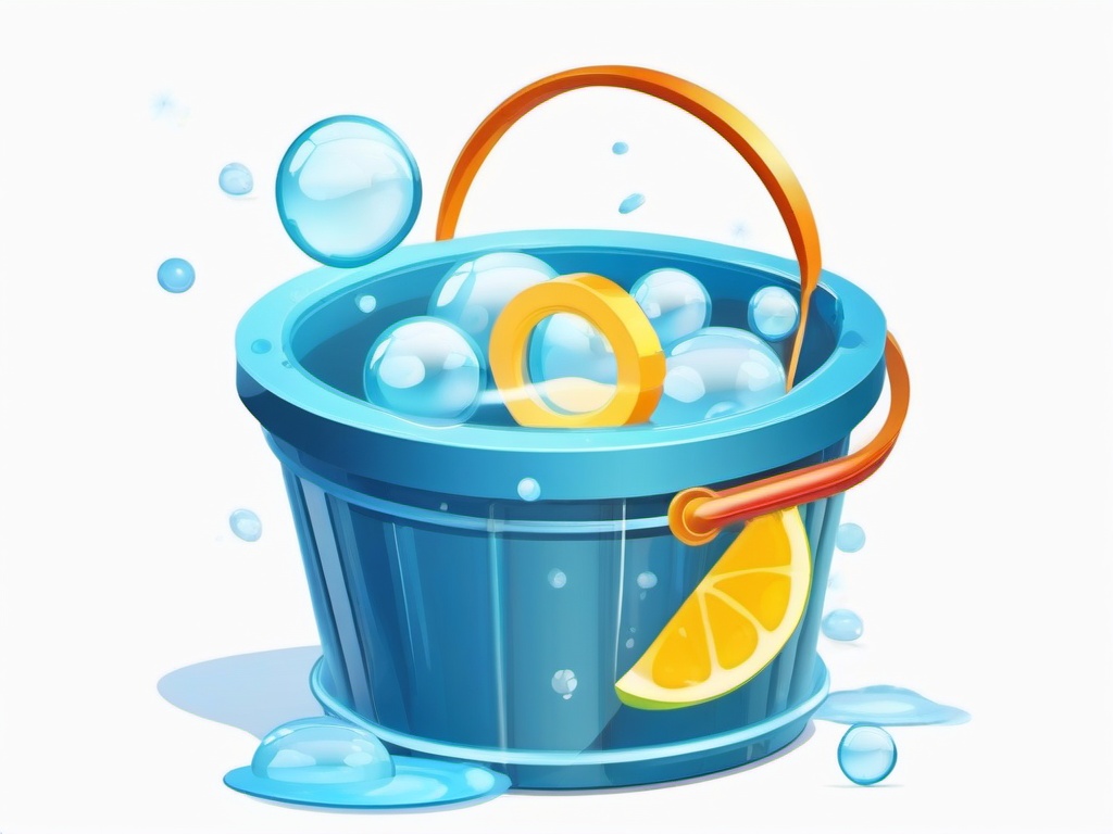 Bucket of water with soap bubbles clipart.  vector style illustration, white background