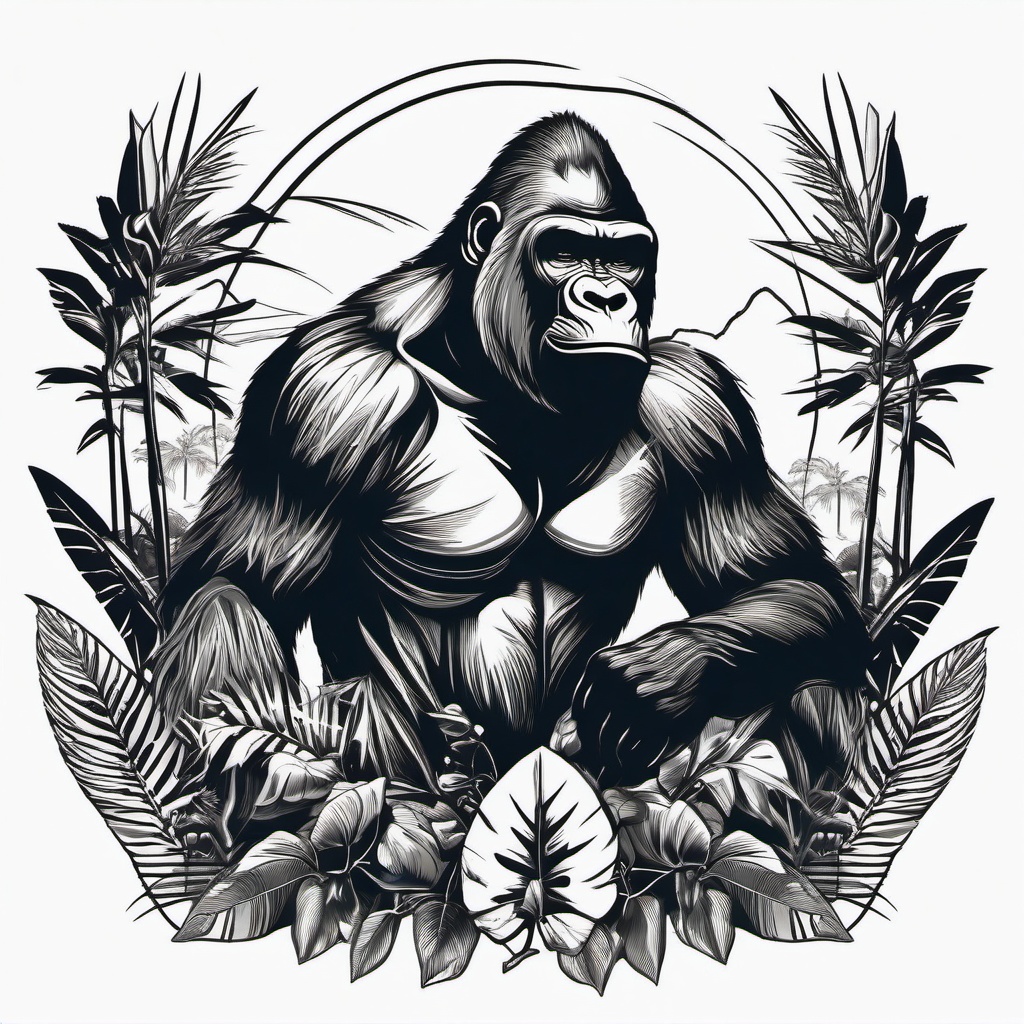 Gorilla Tattoo - Powerful gorilla pounding its chest in the jungle  few color tattoo design, simple line art, design clean white background