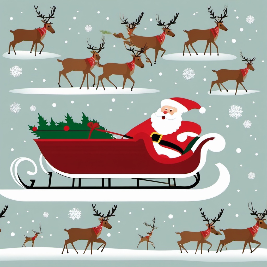 Santa's sleigh clipart, Santa Claus riding his sleigh pulled by reindeer.  simple, 2d flat