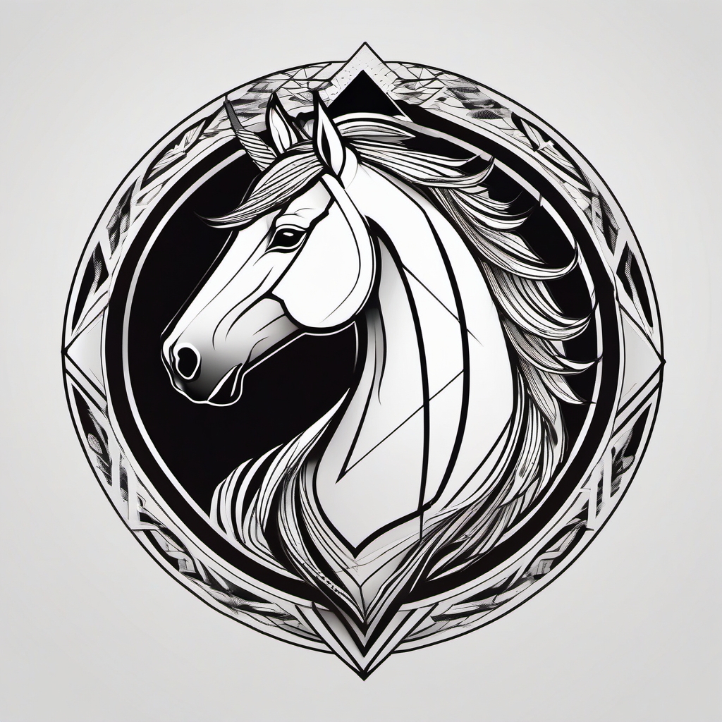 Dark Horse Tattoo-Geometric-inspired dark horse design with sharp lines and bold angles. Colored tattoo designs, minimalist, white background.  color tattoo style, minimalist, white background