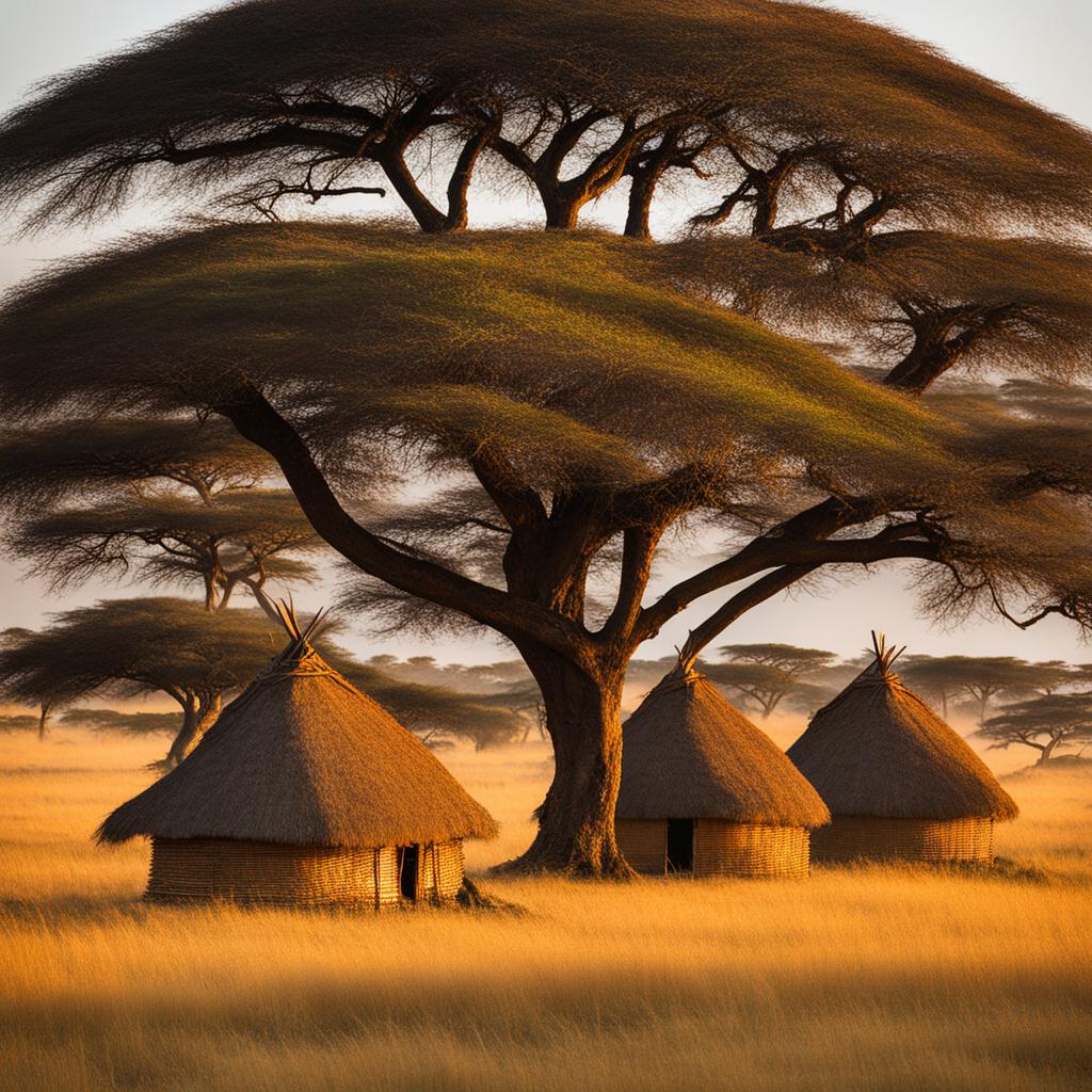 kenyan huts, with thatched roofs, dot the savannahs of maasai mara, kenya. 