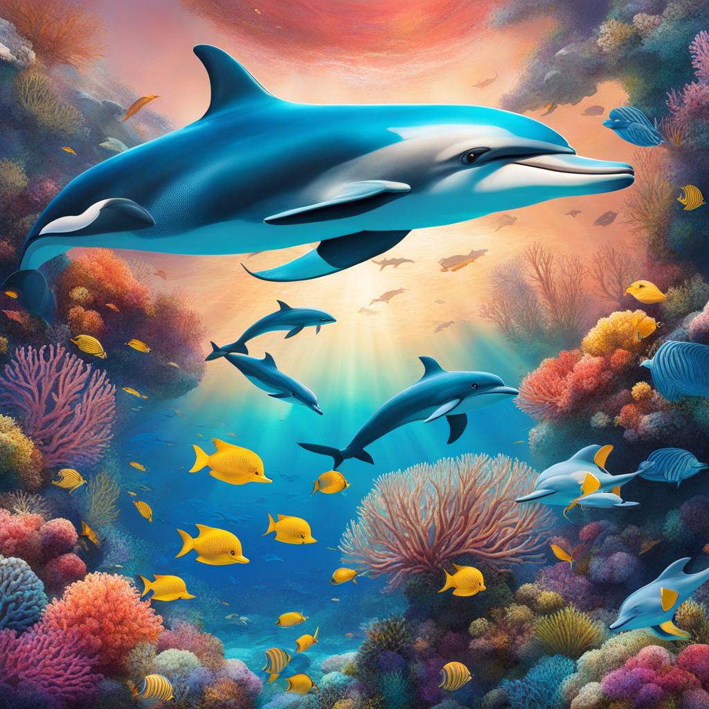 create an underwater masterpiece featuring a vibrant coral reef and playful dolphins. 