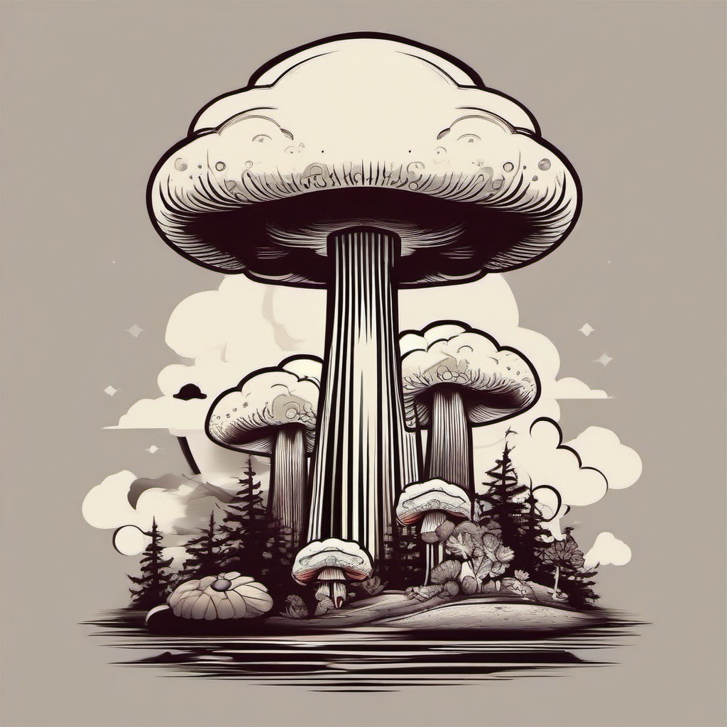 Mushroom Cloud Tattoo-Bold and playful tattoo featuring a mushroom cloud, perfect for fans of quirky and unique designs.  simple color vector tattoo