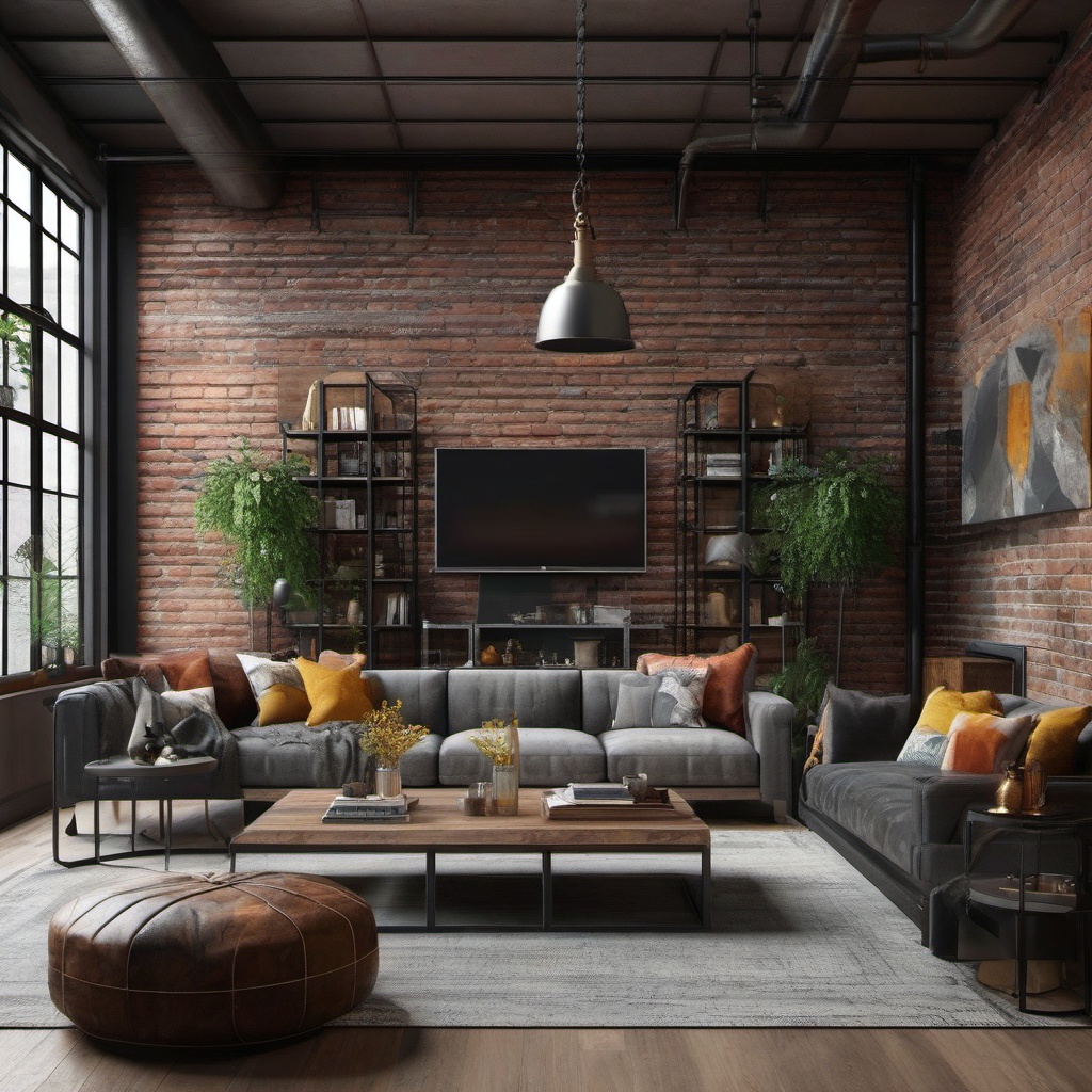 Industrial Loft Vibes - Design a living room with industrial elements like exposed brick and metal. , living room decor ideas, multicoloured, photo realistic, hyper detail, high resolution,