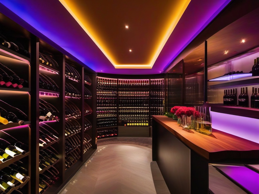 In the wine cellar, psychedelic interior design features colorful wine racks, whimsical lighting, and unique decor that create an entertaining space for wine enthusiasts.  