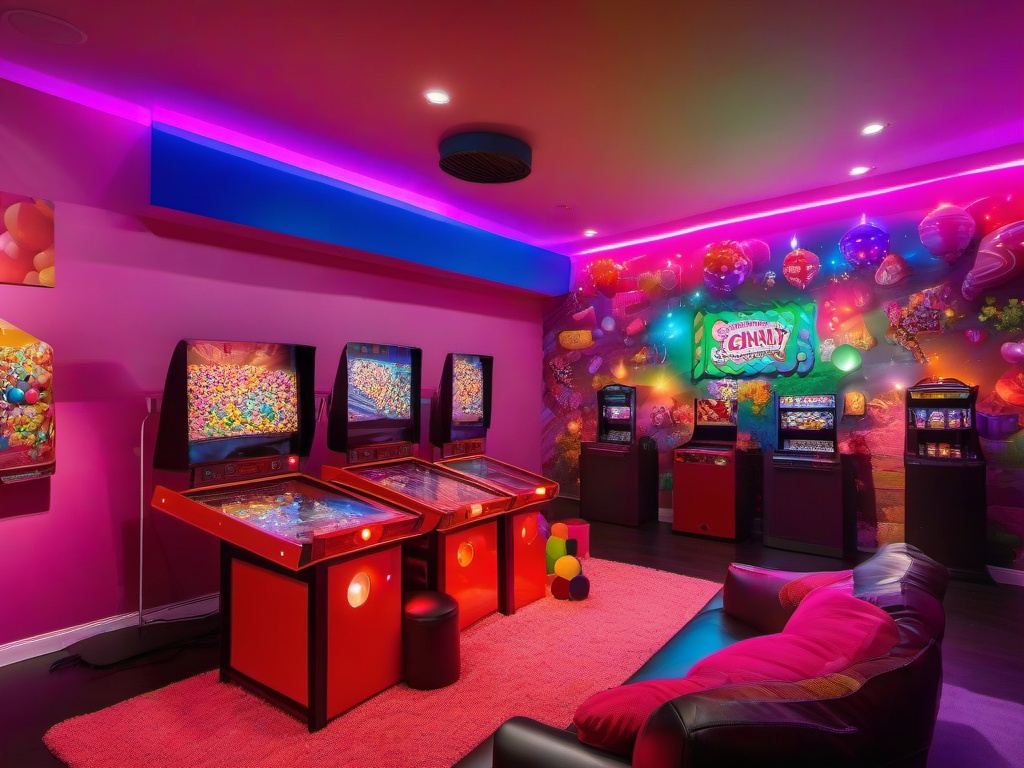 Candy Land gamer room highlights vibrant furniture, candy-themed wall art, and colorful lighting, making the gaming experience fun and immersive.  